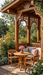 Fototapeta premium Cozy wooden gazebo with seating and flowers in a vibrant garden 