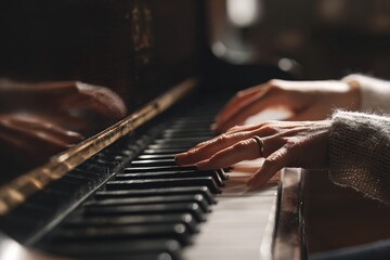 Favorite classical music...Close up view of gentle female hands playing a melody on piano while taking piano lessons. High quality
