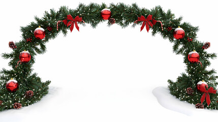 Festive archway decorated with pine boughs, red ornaments, bows, and candy canes, resting on snow