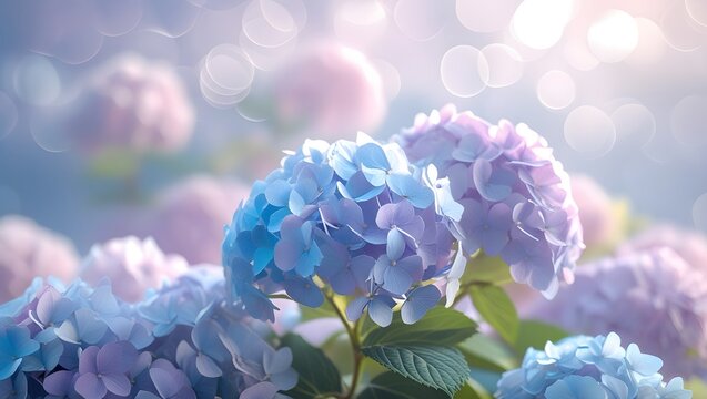 Soft blue and purple hydrangea blooms in sunlight