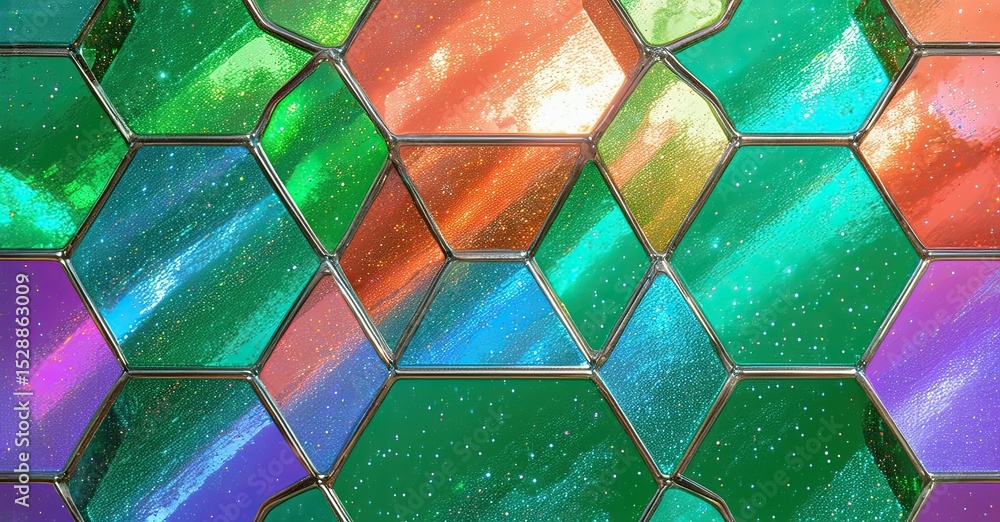 Aufkleber Hexagonal pattern, vibrant colors, sparkling texture. Abstract design evokes glass or gemstone mosaic. Bright, dynamic composition.