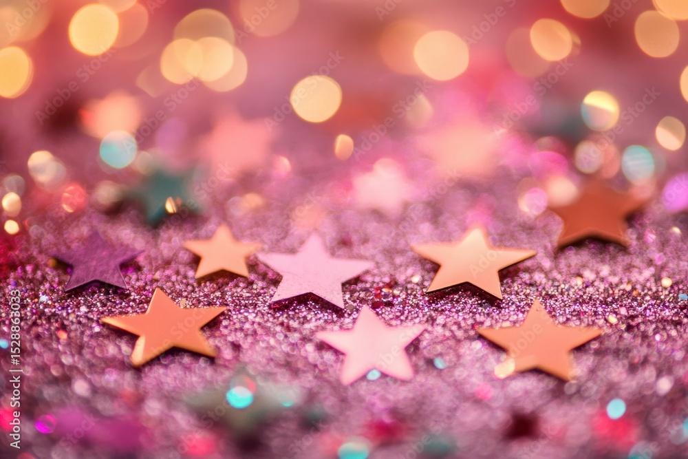 Poster colorful bokeh and sparkling stars create a dreamy atmosphere on a pink background for festive occas