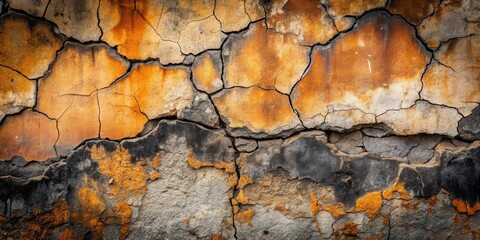 Fototapeta premium Abstract Texture of Cracked and Weathered Stone Surface with Shades of Orange, Gray, and Black