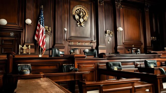 A wooden judge's gavel rests on a desk in a courtroom with the American flag and emblem in the background.
