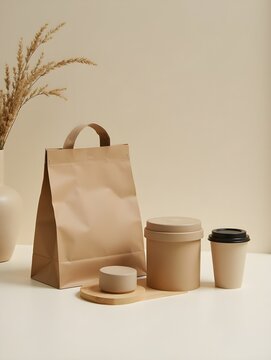 Sustainable daily items with reusable bag, paper coffee cup and bamboo products