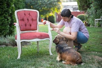 Woman painting a wooden furniture while sitting with her dog in the garden. DIY concept.