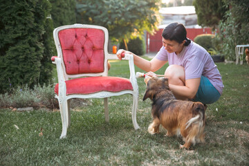 Woman painting a wooden furniture while sitting with her dog in the garden. DIY concept.