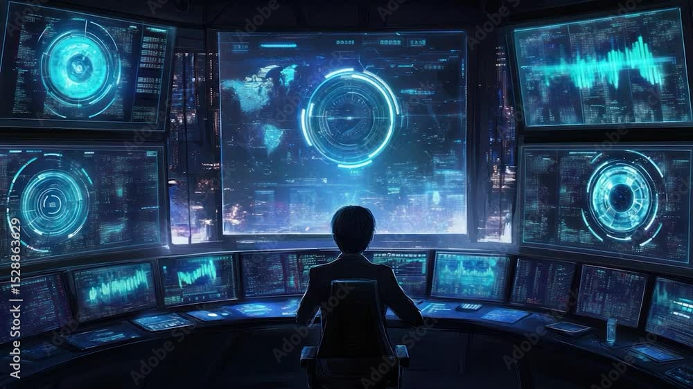 Poster futuristic control room with multiple screens