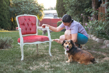 Woman painting a wooden furniture while sitting with her dog in the garden. DIY concept.