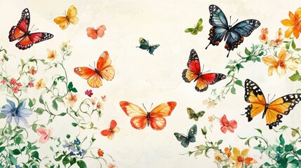Fototapeta premium Floral backdrop with colorful butterflies
