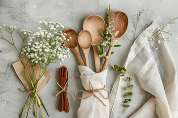 Beige linen apron with wooden utensils and eco friendly paper packaging on neutral background