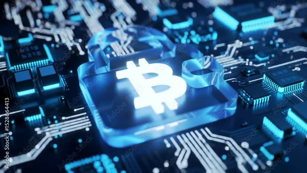Aufkleber bitcoin symbol padlock on circuit board in dark blue hues with bokeh digital render