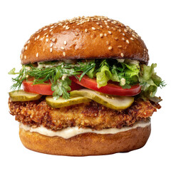 Delicious crispy chicken burger isolated on transparent background