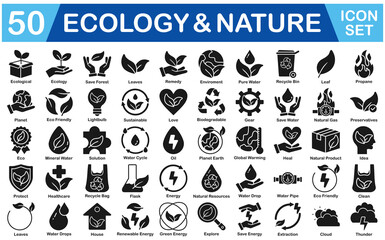 Ecology And Nature Icon Set With Ecological, Save Forest, Leaves, Remedy, Enviroment, Pure Water, Leaf, Propane, Planet, Eco Friendly, Lightbulb, Sustainable, Love, Gear, Eco
