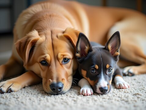 Large Dog and Puppy Resting Together