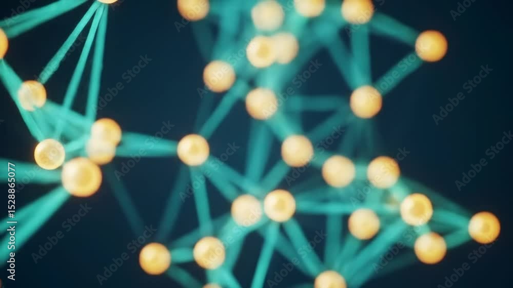 Poster complex network of teal lines and orange spheres against a dark backdrop in abstract animation