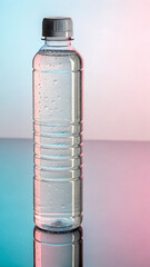 Minimalist plastic water bottle with clear liquid, set against a pastel gradient background and reflective studio surface
