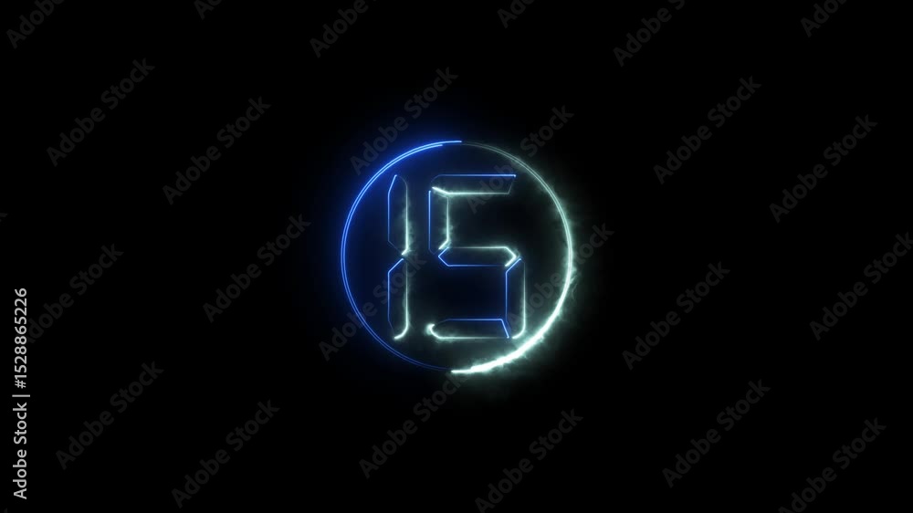 Poster neon glowing text 15 number countdown icon animation.