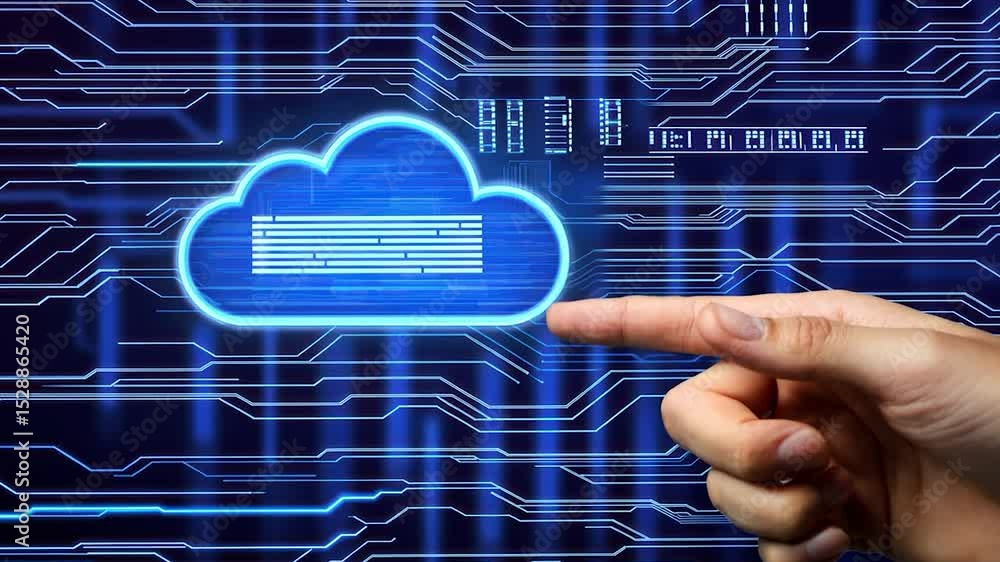 Poster hand pointing to a glowing cloud icon on a circuit board background.