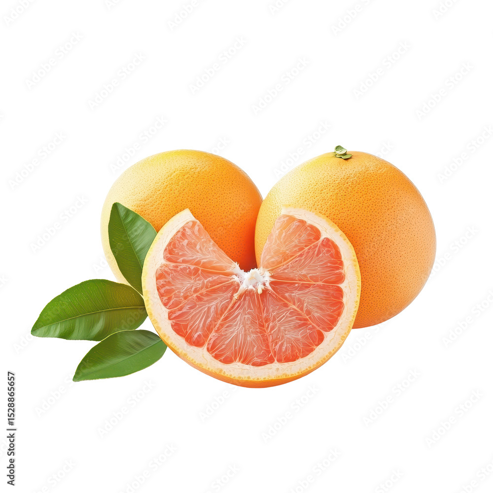 Poster fresh grapefruit with green leaf on white background showcasing vibrant color and texture of the fru