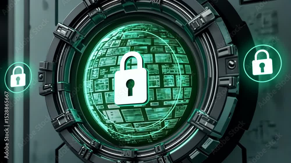 Poster secure digital globe with padlock symbol technology for cybersecurity and data protection