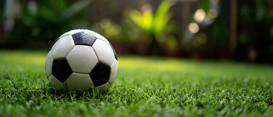 A close up shot of a soccer ball with water droplets sitting on green grass in a backyard setting