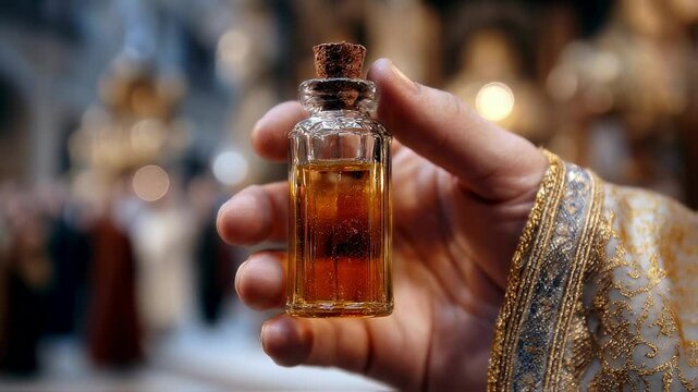 Closeup of a hand holding a small vial of oil, symbolizing the anointing of the sick and the Holy Spirit in Christian tradition.