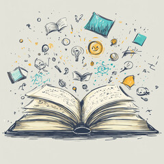 Sketch open book with many symbols around