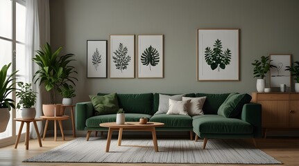 Interior design of a living room in a Scandinavian style with a green sofa, wooden furniture, room plants. Vector flat illustration. generative.ai