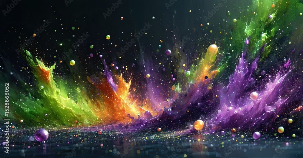 Poster vibrant explosion, colorful energy radiates outward. swirling forms create dynamic abstract composit