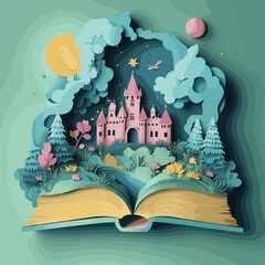 Open book of 3d papercut magic fantasy story, vector style simple color