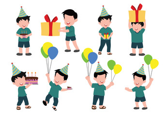Cute Little Boy Celebrating Birthday. Cartoon Character Illustration