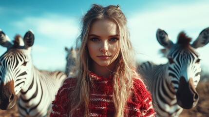A young woman stands gracefully among zebras in a natural setting, symbolizing harmony with wildlife and the beauty of coexistence in the animal kingdom.
