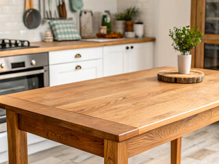Empty wooden table with kitchen background in front view, showcasing a rustic tabletop and a blurred modern kitchen backdrop