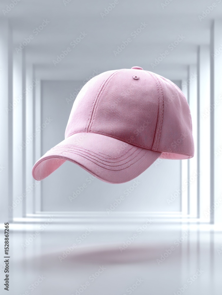 Poster a pink cap appears to levitate in a modern space characterized by its clean lines and gentle ambianc