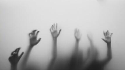 Silhouettes of hands emerge from a foggy background, creating an eerie atmosphere filled with a sense of longing and mystery