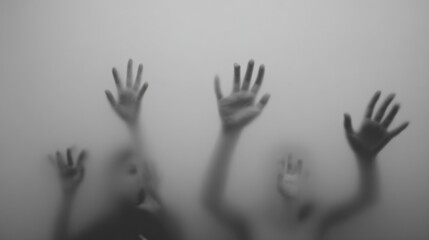 Individuals press their hands against a misty surface, expressing a sense of yearning and emotion in a poignant moment