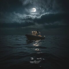Lonely Fishing Boat at Night Under a Cloudy Moonlit Sky