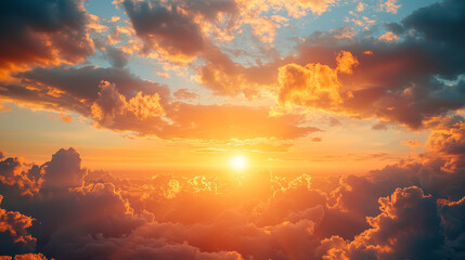 Fototapeta premium Vibrant Sunset with Glowing Sun and Dramatic Clouds Serene Sky Painted in Orange and Gold, Highlighting Natures Beauty and Enhancing Scenes Vibrant Atmosphere