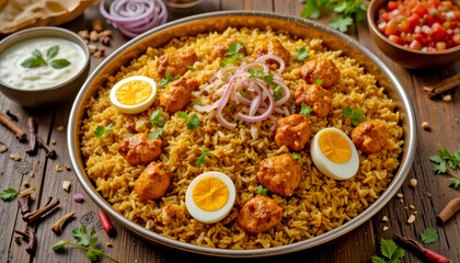 A flavorful platter of chicken tikka biryani, garnished with hard-boiled eggs, red onions, and fresh cilantro.  Served with a side of yogurt sauce and salsa.