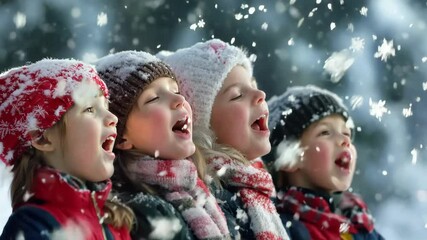 Children singing christmas carols on a snowy day. - Powered by Adobe