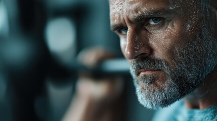 A middle-aged man, drenched in sweat and with a focused expression, lifts weights, showcasing his determination and strength in a gym environment filled with equipment.