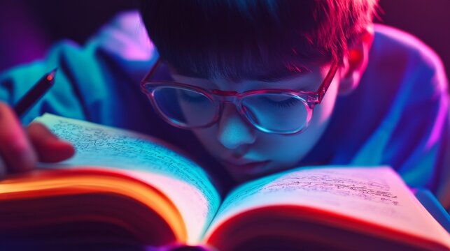 A focused child immersed in a book. Bright colors illuminate the page. Reading sparks imagination and learning. Curiosity leads to knowledge and growth. Generative AI