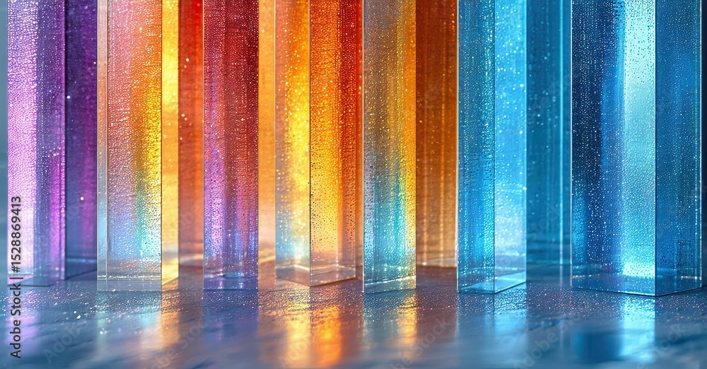 Fototapete Vibrant colorful light columns illuminate glossy floor. Sparkling particles create dynamic visual effect. Modern abstract composition.