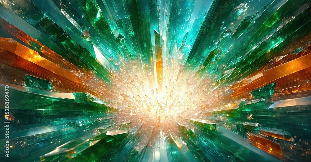 Poster vibrant crystal explosion. light radiates outward, creating dynamic energy effect. colors blend, for