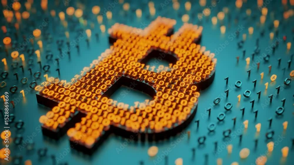 Poster orange digital symbol formed by glowing binary code on turquoise surface representing cryptocurrency