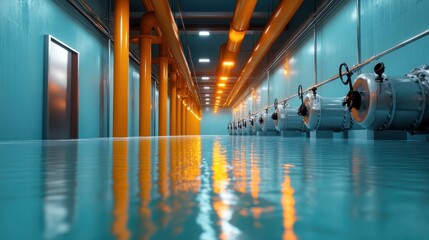 An industrial hallway with turquoise walls and orange pipes, reflecting modern engineering and a sense of innovation in aquatics infrastructure.
