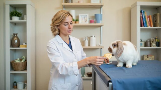 Veterinarian feeding rabbit treat in clinic after examination  