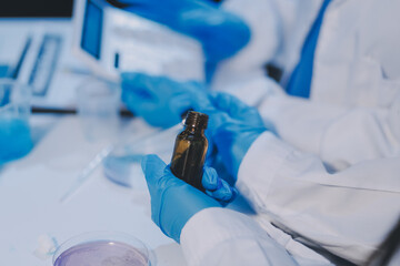 Research, experiment and medical trial being done by a scientist in a lab, science facility or...