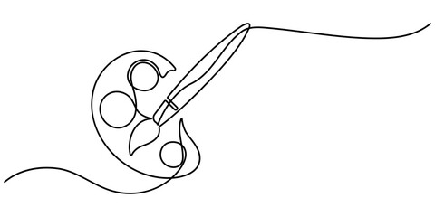 one line art palette and brush vector icon. single line, one continuous line, simple, hand drawn and sketch style. Continuous one line drawing of a art materials. for icons, symbols, signs or logos. 